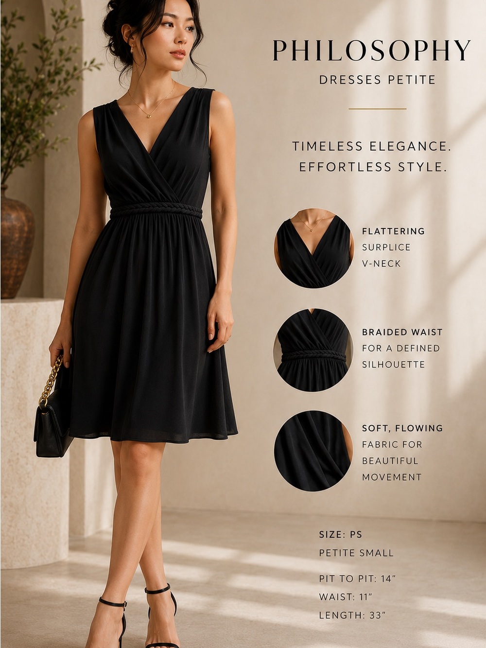 Philosophy black sleeveless dress, size petite small
